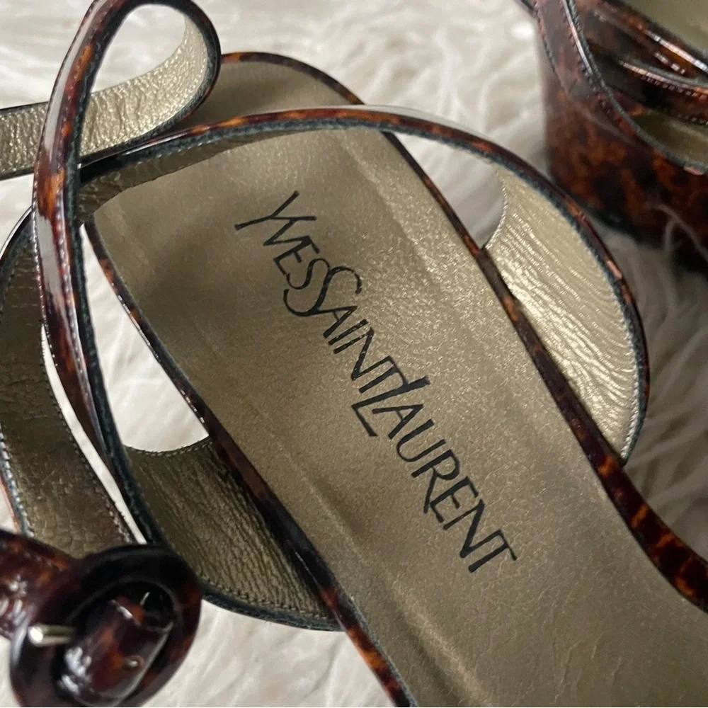 Yves Saint Laurent Vintage Y2K 90s Brown Patent Leather Animal Print Sandals 8.5